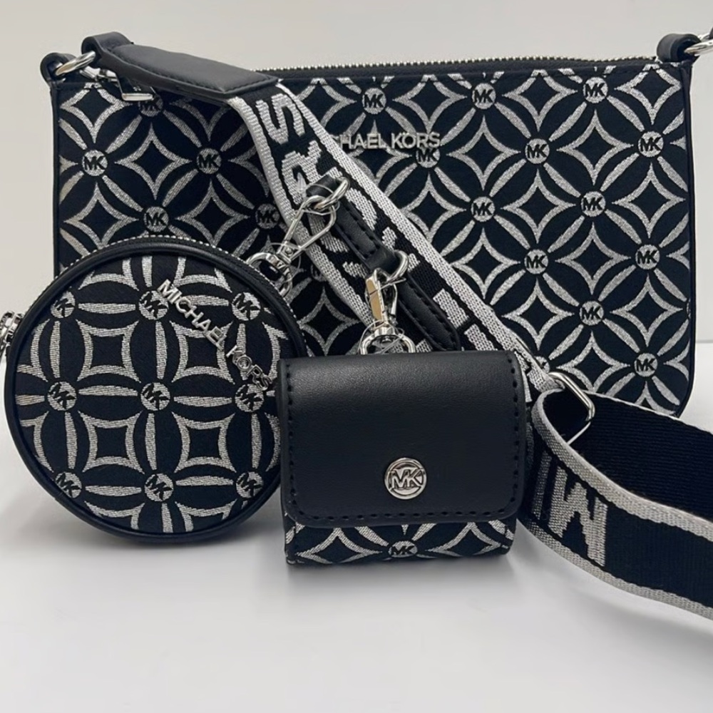 NWT~Michael Kors Black and Silver Crossbody Bag Set